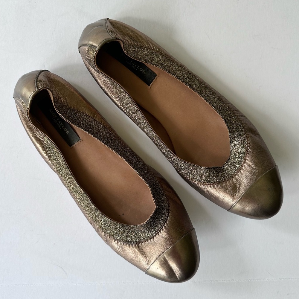 Ann Taylor Bronze Gold Metallic Leather Cap Toe Ballet Flats